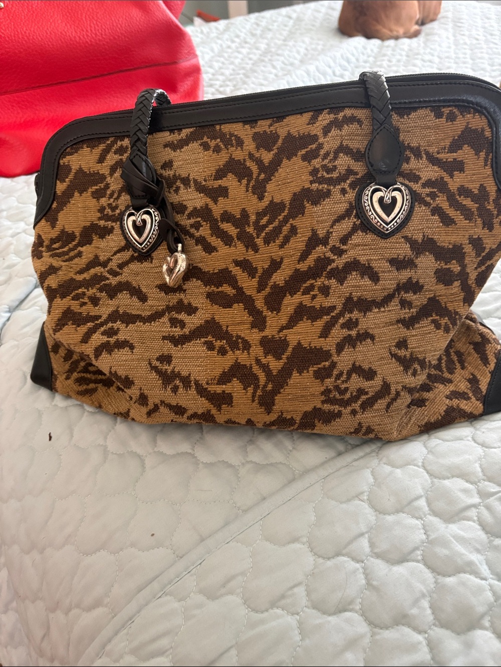 Brown Patterned Tote Bag with Heart Charm. MYKAYLA CARPET BAG.  Pristine shape.